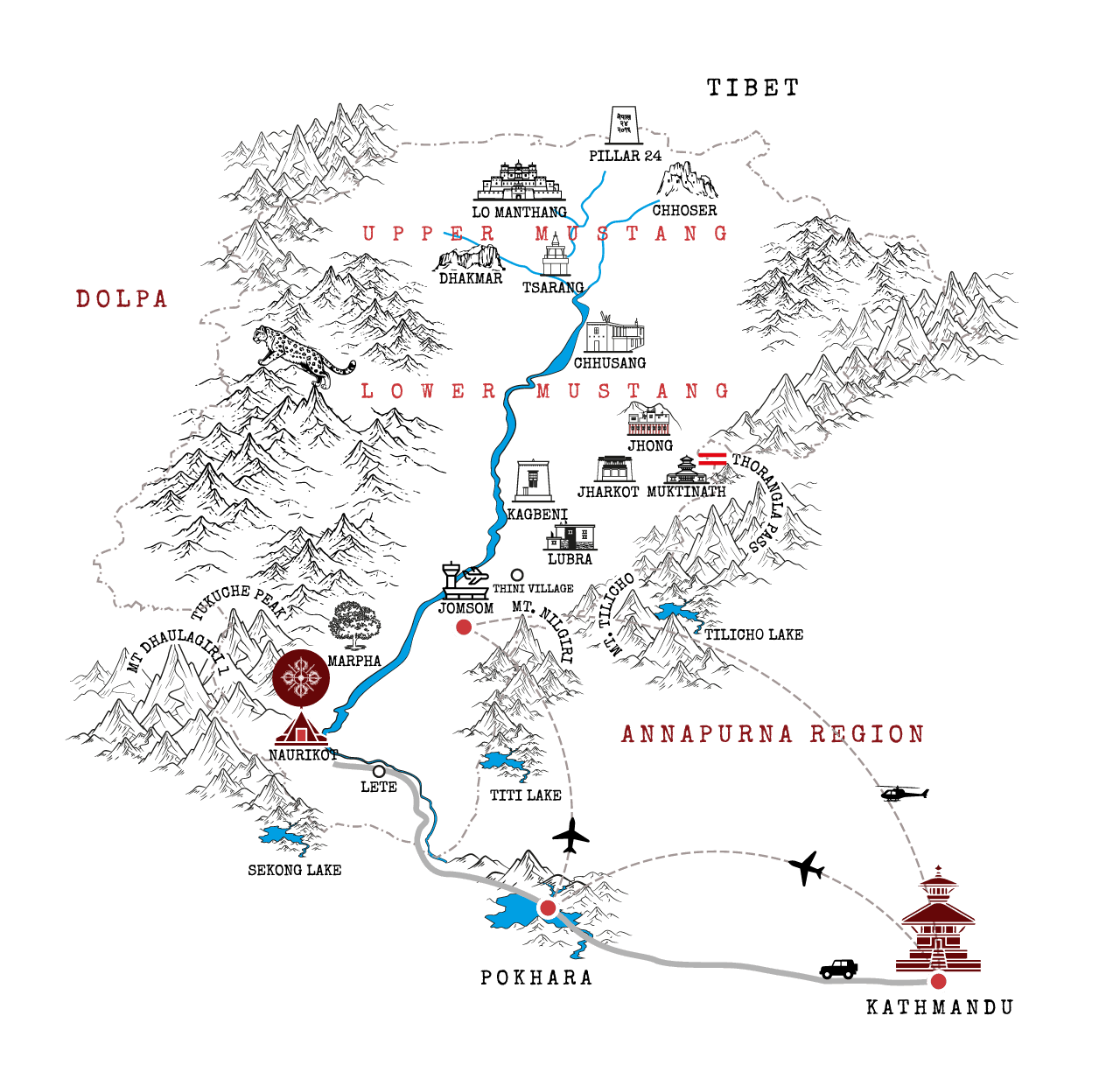 Illustrated map of the Mustang region from Kathmandu north to Lo Manthang