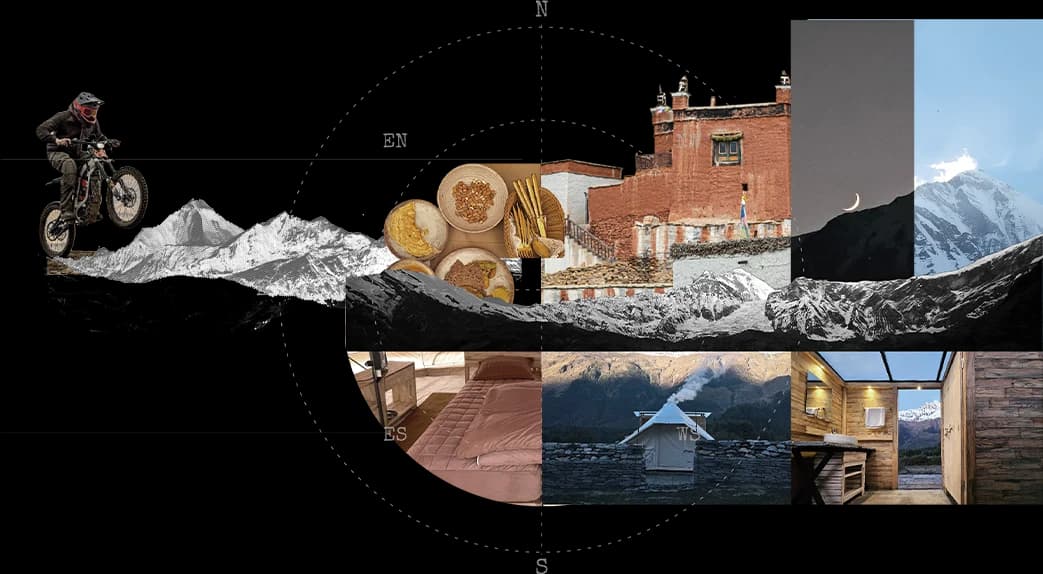 Collage of Mustang scenes — riding, glamping interiors, local food and the walled town — set within a compass rose
